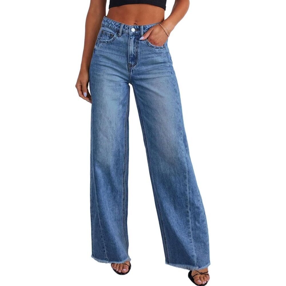 Wide Leg Jeans Women High Waist Denim Palazzo Pants Pockets Raw Hem